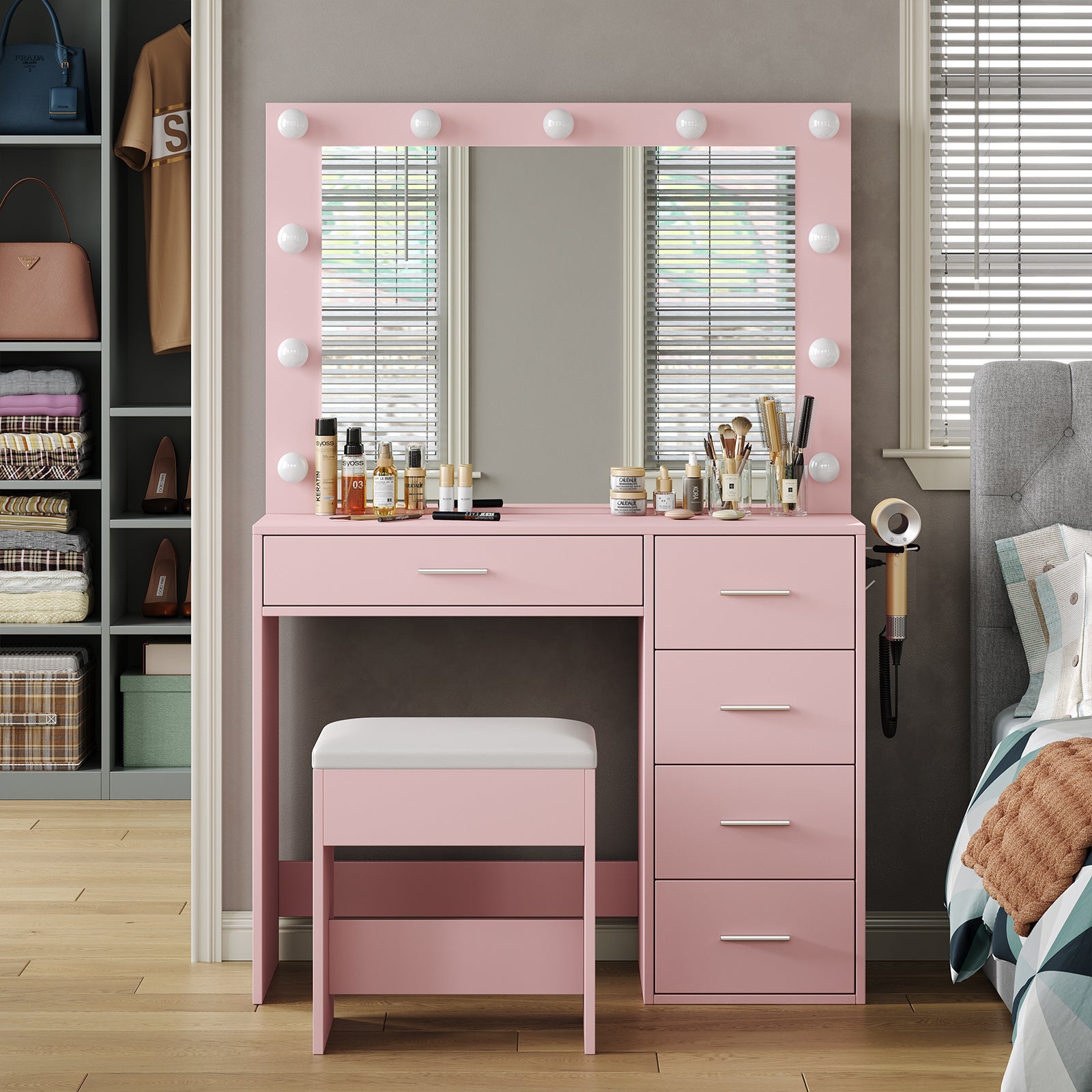 Yanosaku VD001 Modern White Makeup Vanity Set Table with Stool & LED Mirror 5 Drawers - Yanosaku SotreFurnitureVD001 - PK