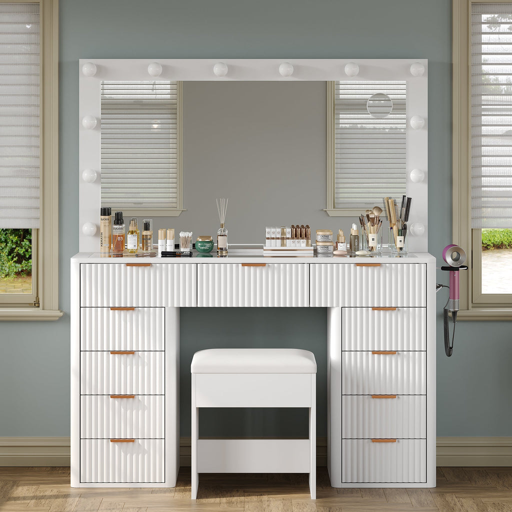 Yanosaku VD003 Modern White Makeup Vanity Set Table with Stool & LED Mirror 11 Drawers Luxury - Yanosaku SotreFurniture