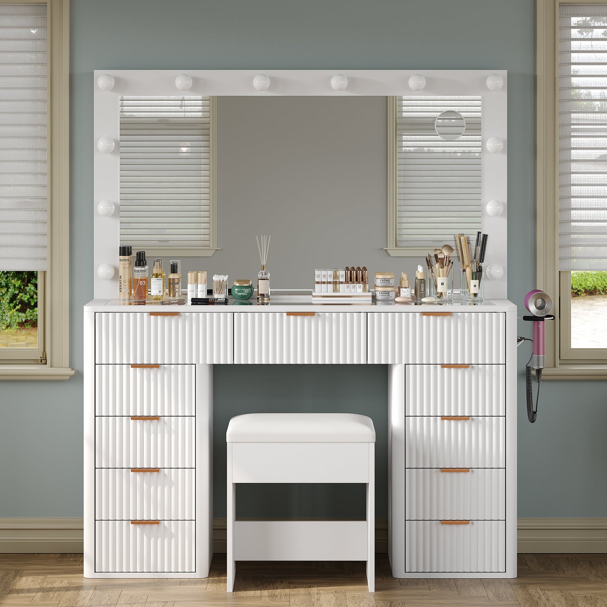 Yanosaku VD003 Modern White Makeup Vanity Set Table with Stool & LED Mirror 11 Drawers Luxury - Yanosaku SotreFurniture