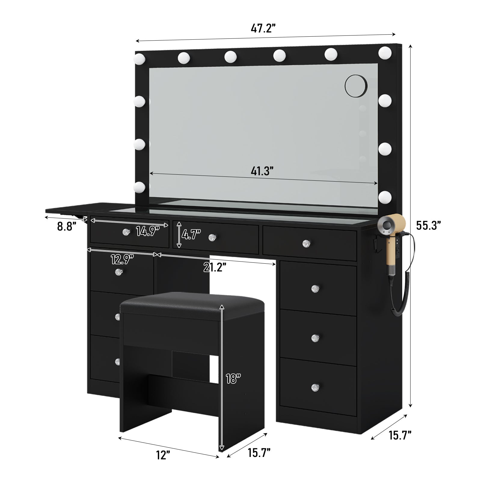 Yanosaku VD007 Bedroom Makeup Vanity desk with LED Mirror, 9 Drawers - Yanosaku SotreFurnitureVD007 - PK