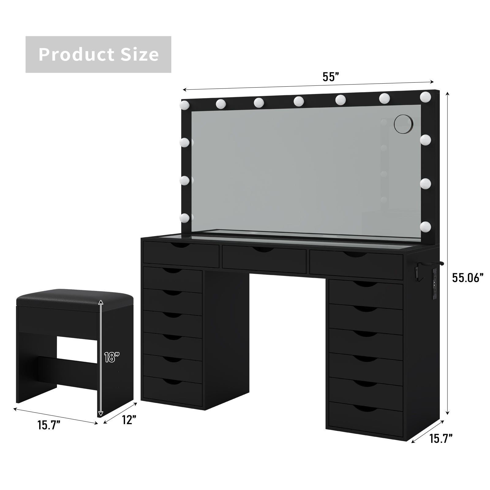 Yanosaku VD008 Bedroom Makeup Vanity desk with LED Mirro, 15 Drawers - Yanosaku SotreFurnitureVD008 - BL