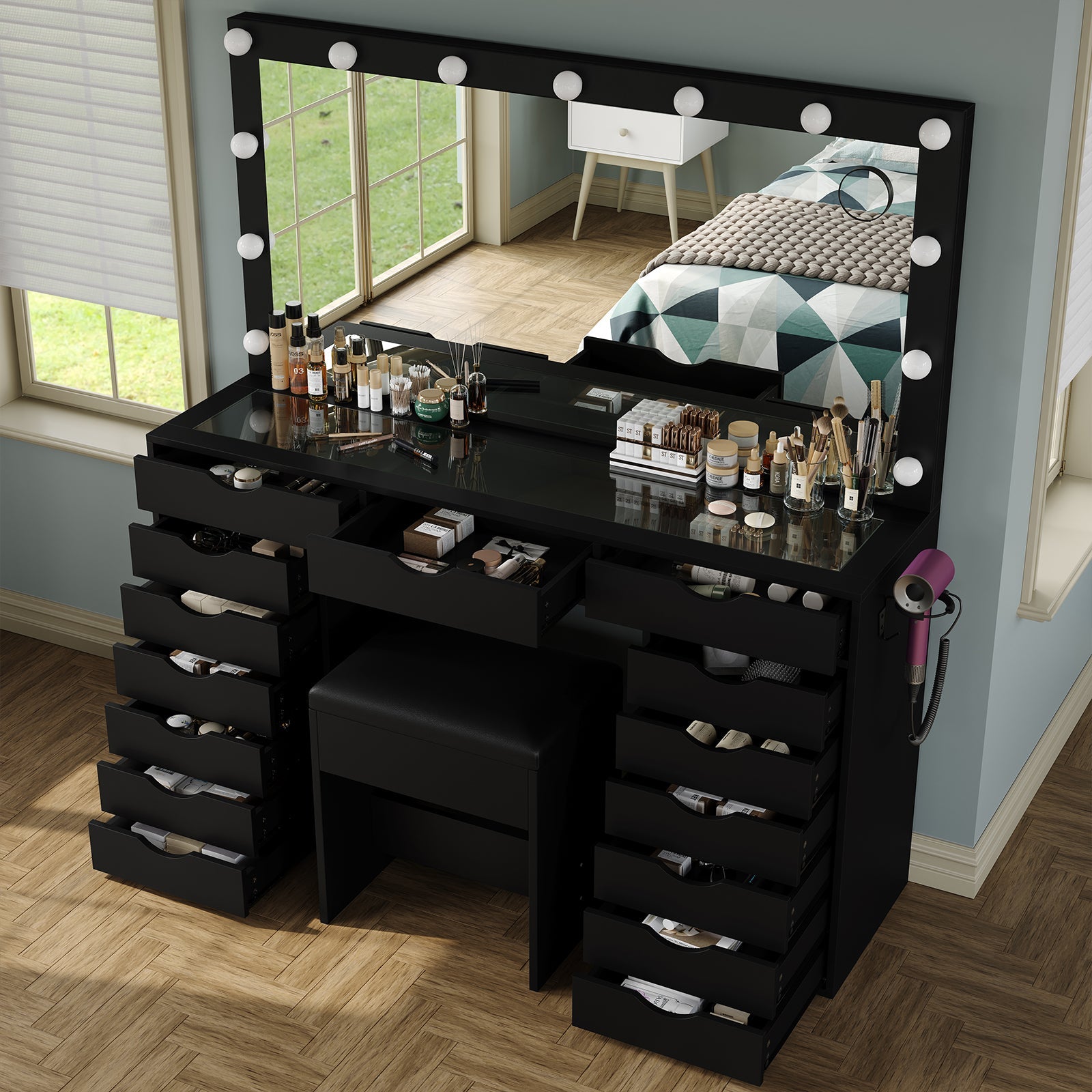 Yanosaku VD008 Bedroom Makeup Vanity desk with LED Mirro, 15 Drawers - Yanosaku SotreFurnitureVD008 - BL