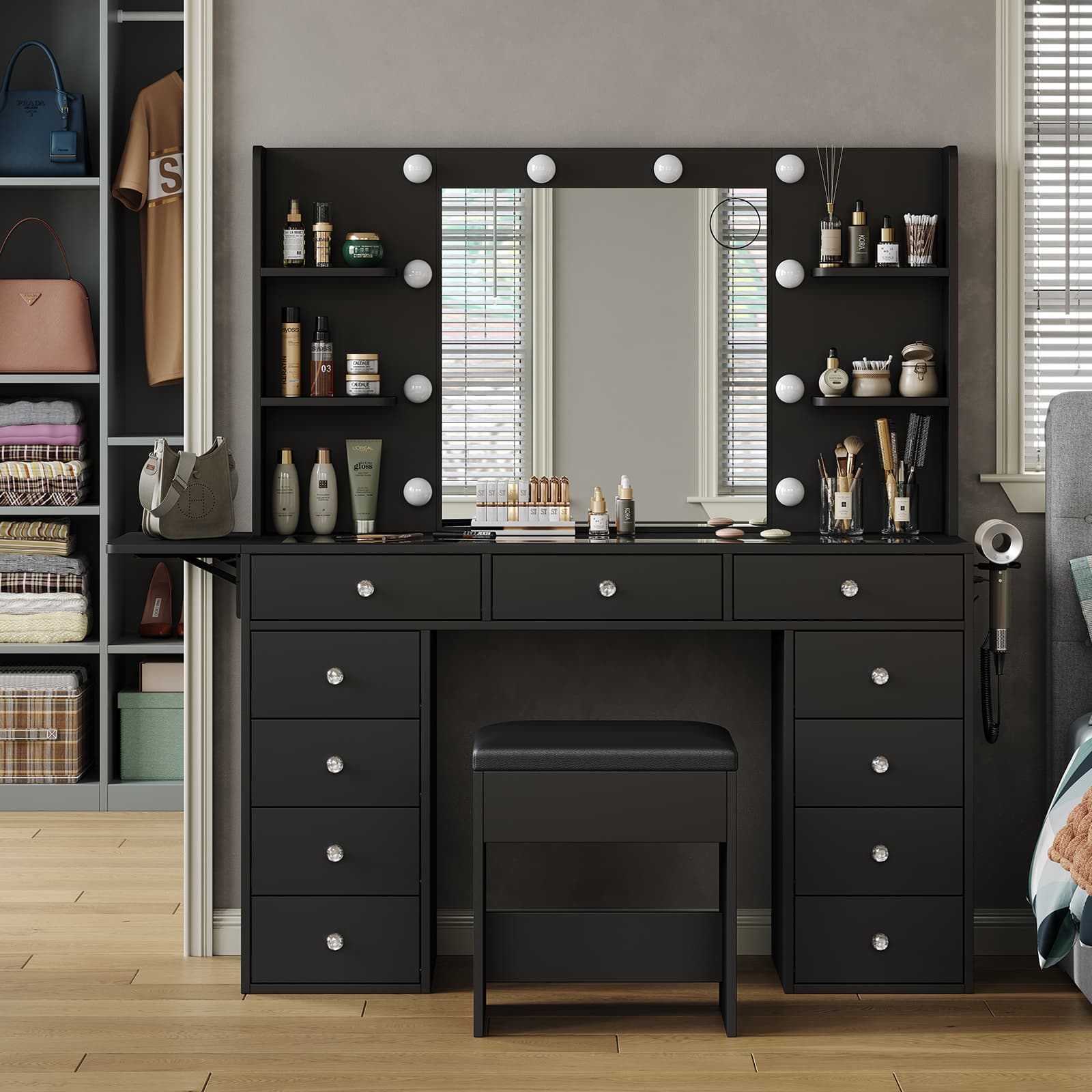 Yanosaku VD010 Bedroom Makeup Vanity desk with LED MirrorLED Mirror, 9 Drawers - Yanosaku SotreFurnitureVD010-BL