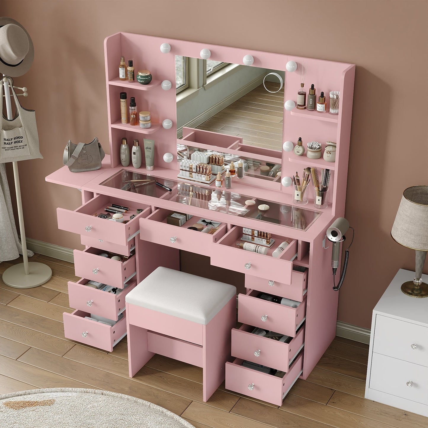 Yanosaku VD010 Bedroom Makeup Vanity desk with LED MirrorLED Mirror, 9 Drawers - Yanosaku SotreFurniture