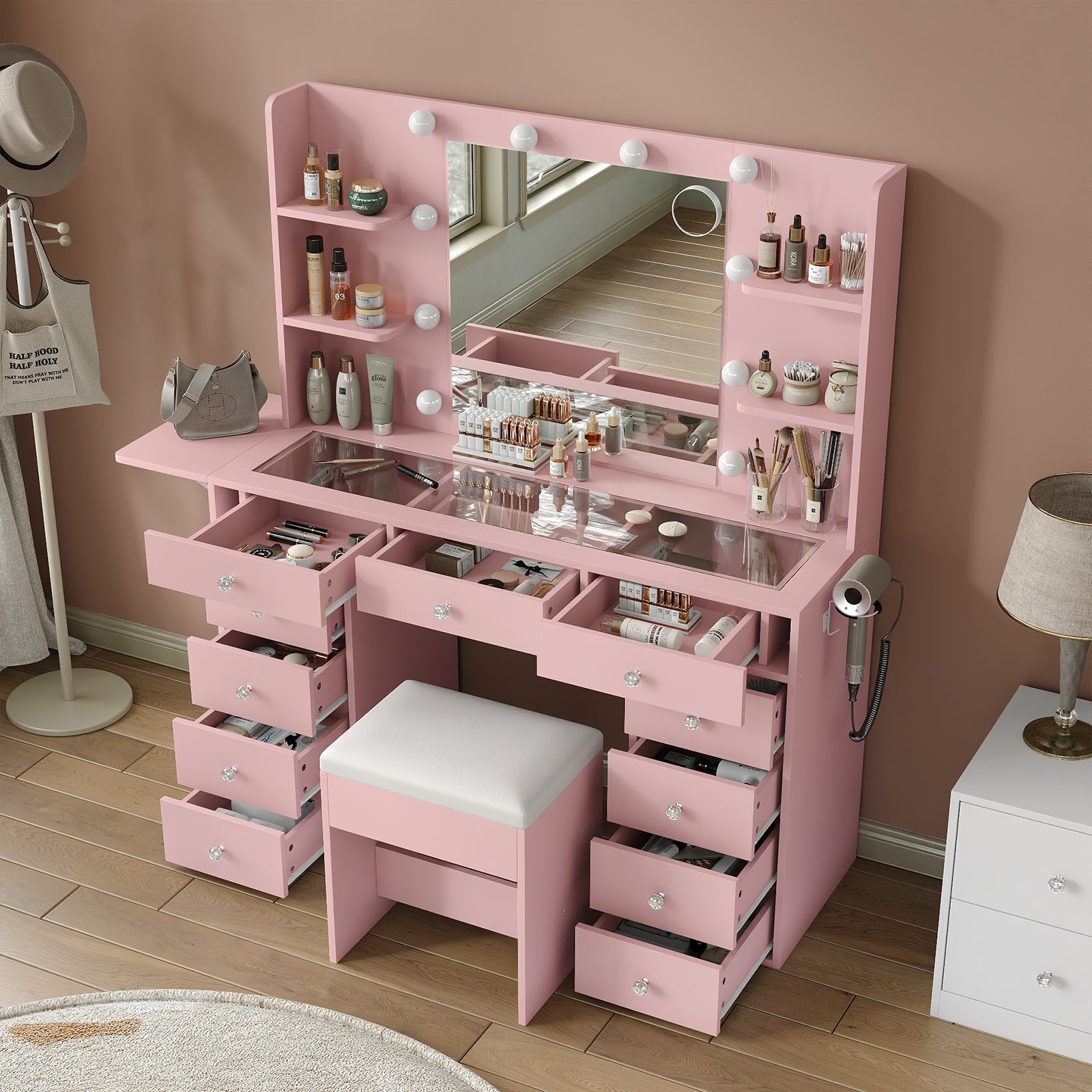Yanosaku VD010 Bedroom Makeup Vanity desk with LED MirrorLED Mirror, 9 Drawers - Yanosaku SotreFurniture
