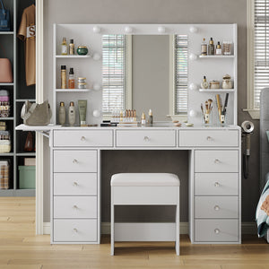Yanosaku VD010 Modern White Makeup Vanity Set Table with Stool & LED Mirror 9 Drawers Luxury - Yanosaku SotreFurnitureVD010 - WH