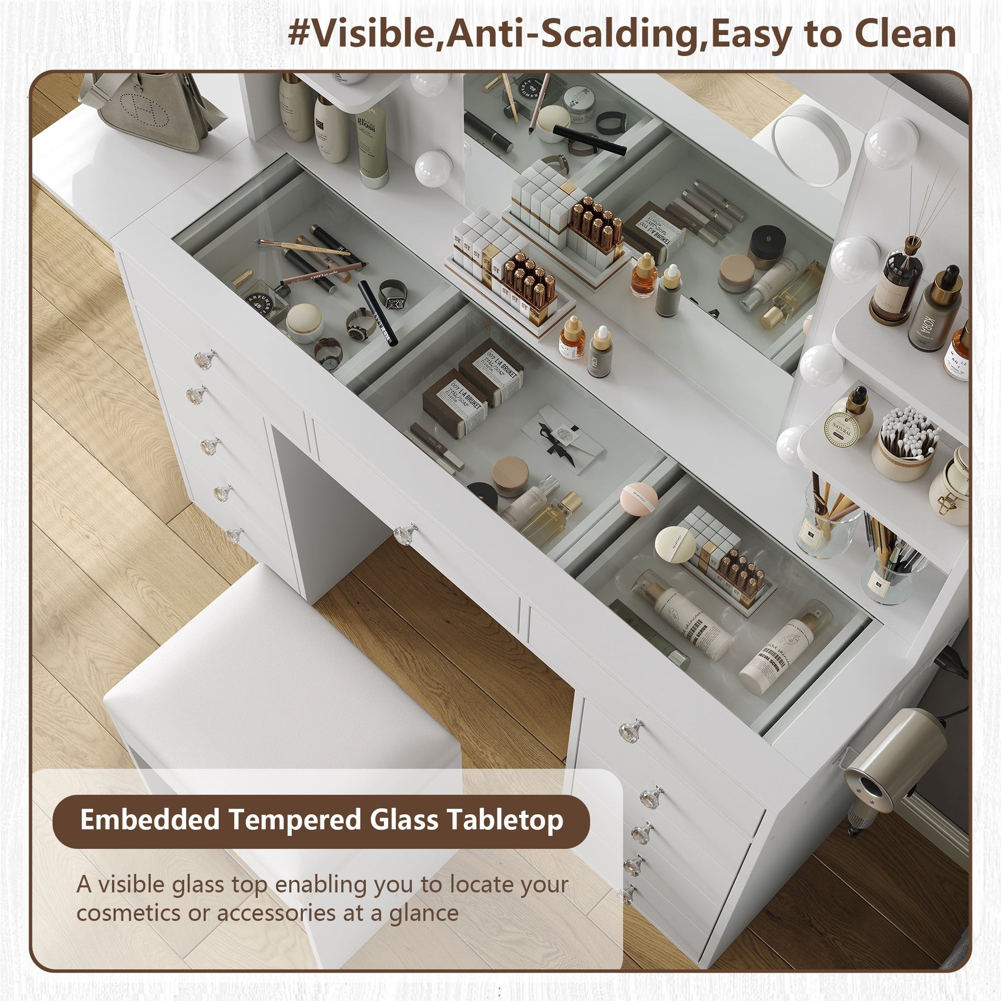 Yanosaku VD010 Modern White Makeup Vanity Set Table with Stool & LED Mirror 9 Drawers Luxury - Yanosaku SotreFurnitureVD010 - WH