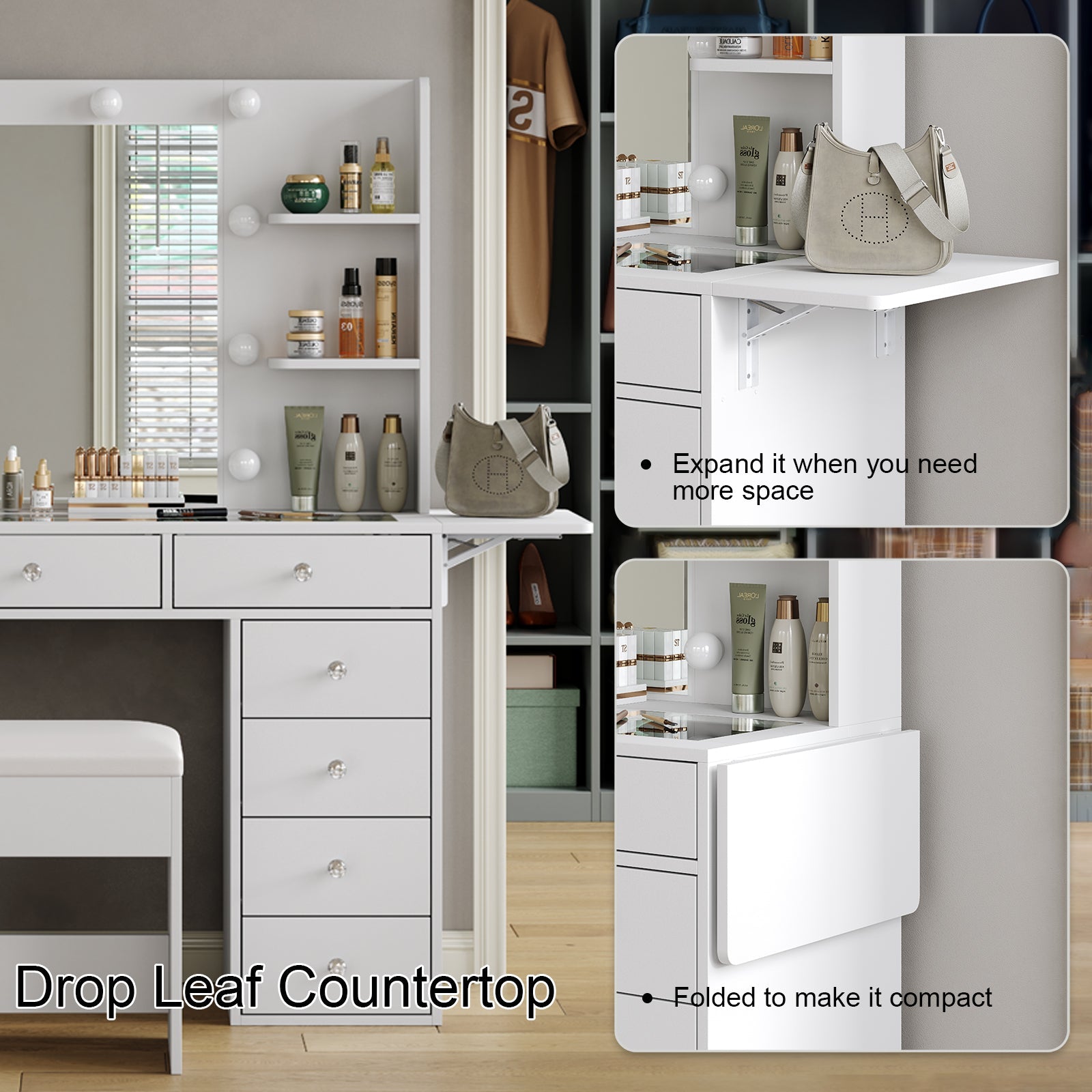 Yanosaku VD010 Modern White Makeup Vanity Set Table with Stool & LED Mirror 9 Drawers Luxury - Yanosaku SotreFurnitureVD010 - WH