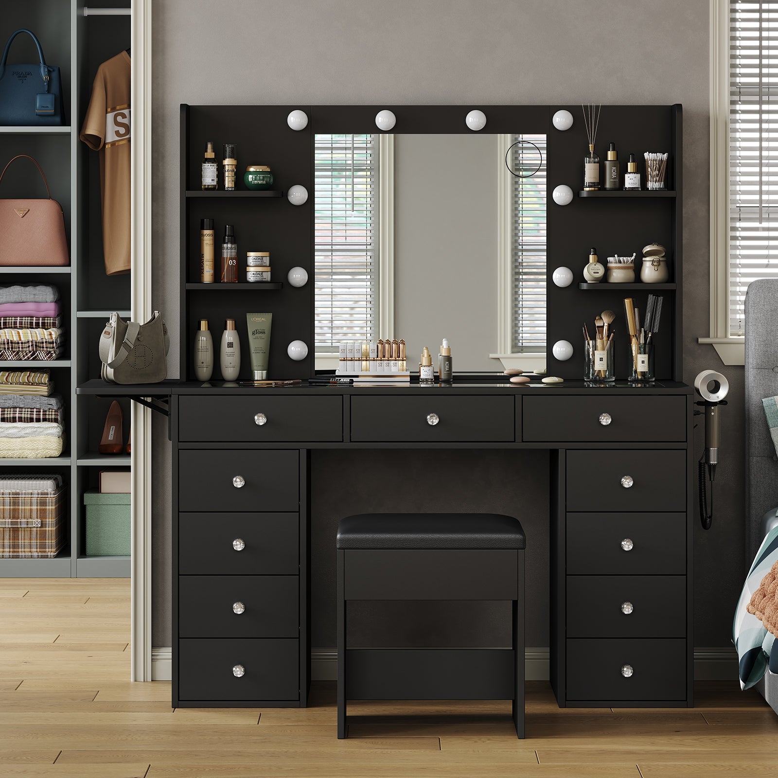 Yanosaku VD010 Modern White Makeup Vanity Set Table with Stool & LED Mirror 9 Drawers Luxury - Yanosaku SotreFurnitureVD010 - BL