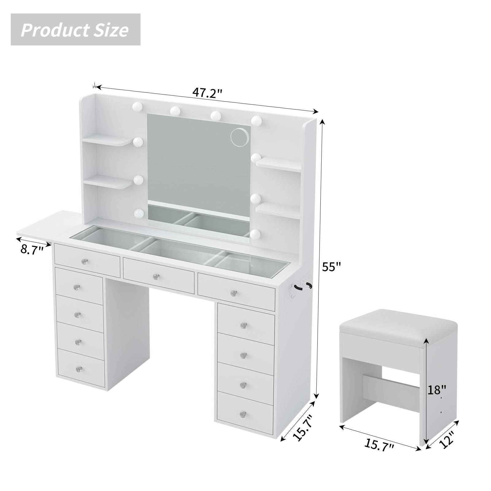 Yanosaku VD010 Modern White Makeup Vanity Set Table with Stool & LED Mirror 9 Drawers Luxury - Yanosaku SotreFurnitureVD010 - WH