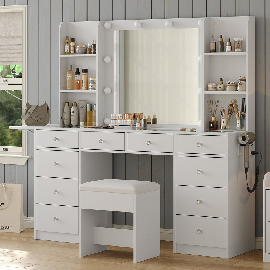 Yanosaku VD011 47'' Modern Makeup Vanity Set Table Stool & LED Mirror 11 Drawers Luxury - Yanosaku SotreFurnitureVD011 - WH