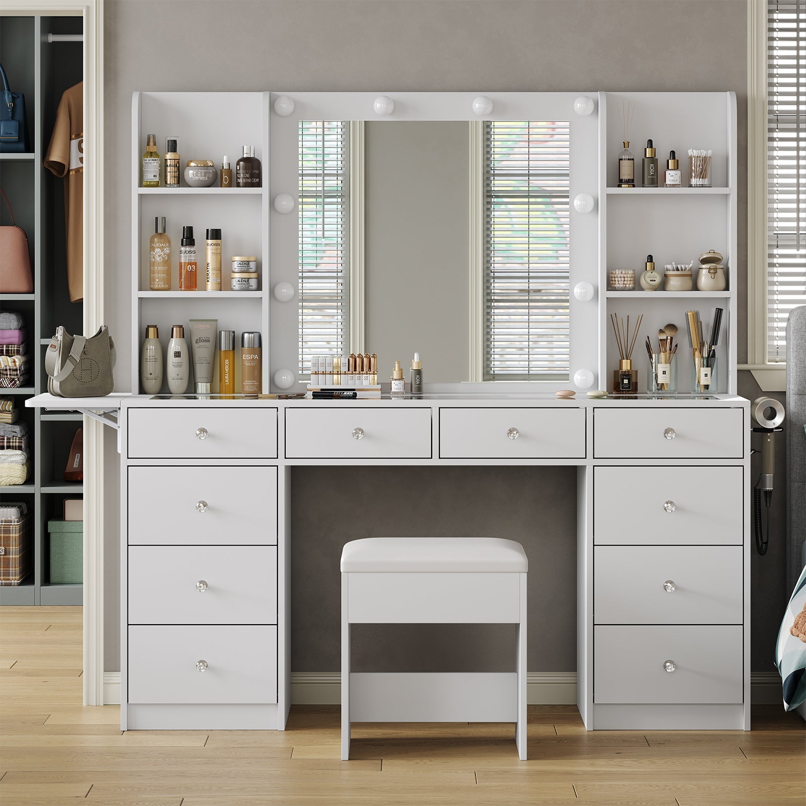 Yanosaku VD011 47'' Modern Makeup Vanity Set Table Stool & LED Mirror 11 Drawers Luxury - Yanosaku SotreFurnitureVD011 - WH