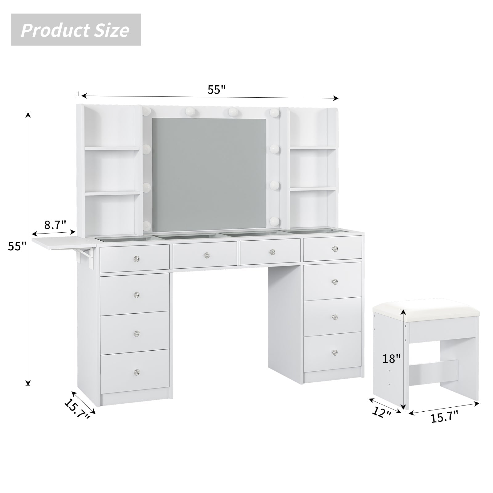Yanosaku VD011 47'' Modern Makeup Vanity Set Table Stool & LED Mirror 11 Drawers Luxury - Yanosaku SotreFurnitureVD011 - WH