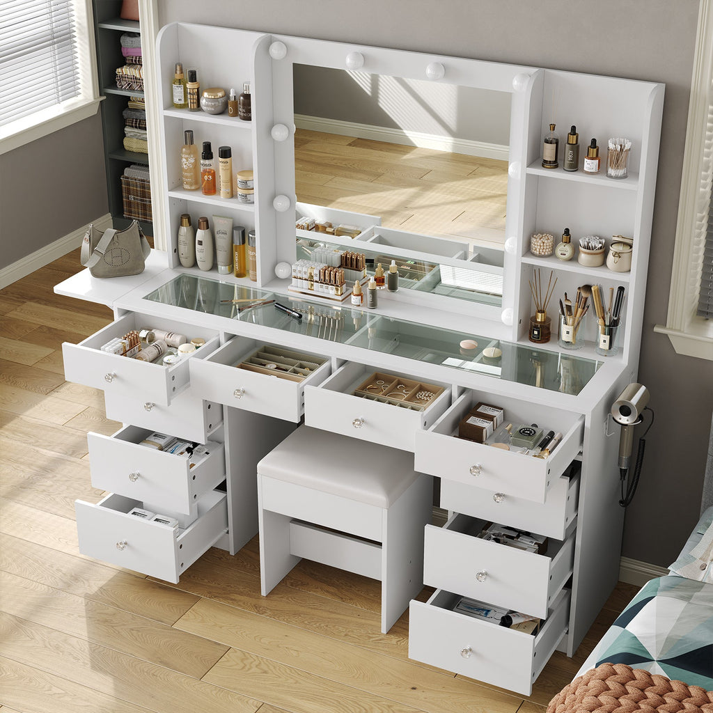 Yanosaku VD011 47'' Modern Makeup Vanity Set Table Stool & LED Mirror 11 Drawers Luxury - Yanosaku SotreFurnitureVD011 - WH