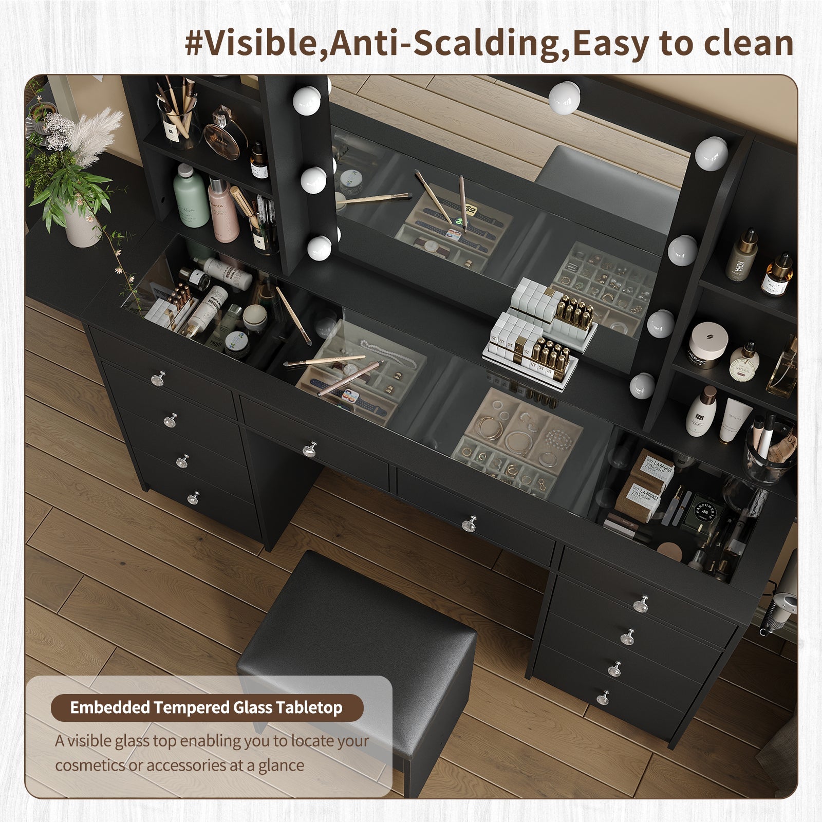 Yanosaku VD011 Bedroom Makeup Vanity desk with LED Mirror, 11 Drawers - Yanosaku SotreFurnitureVD011 - BL