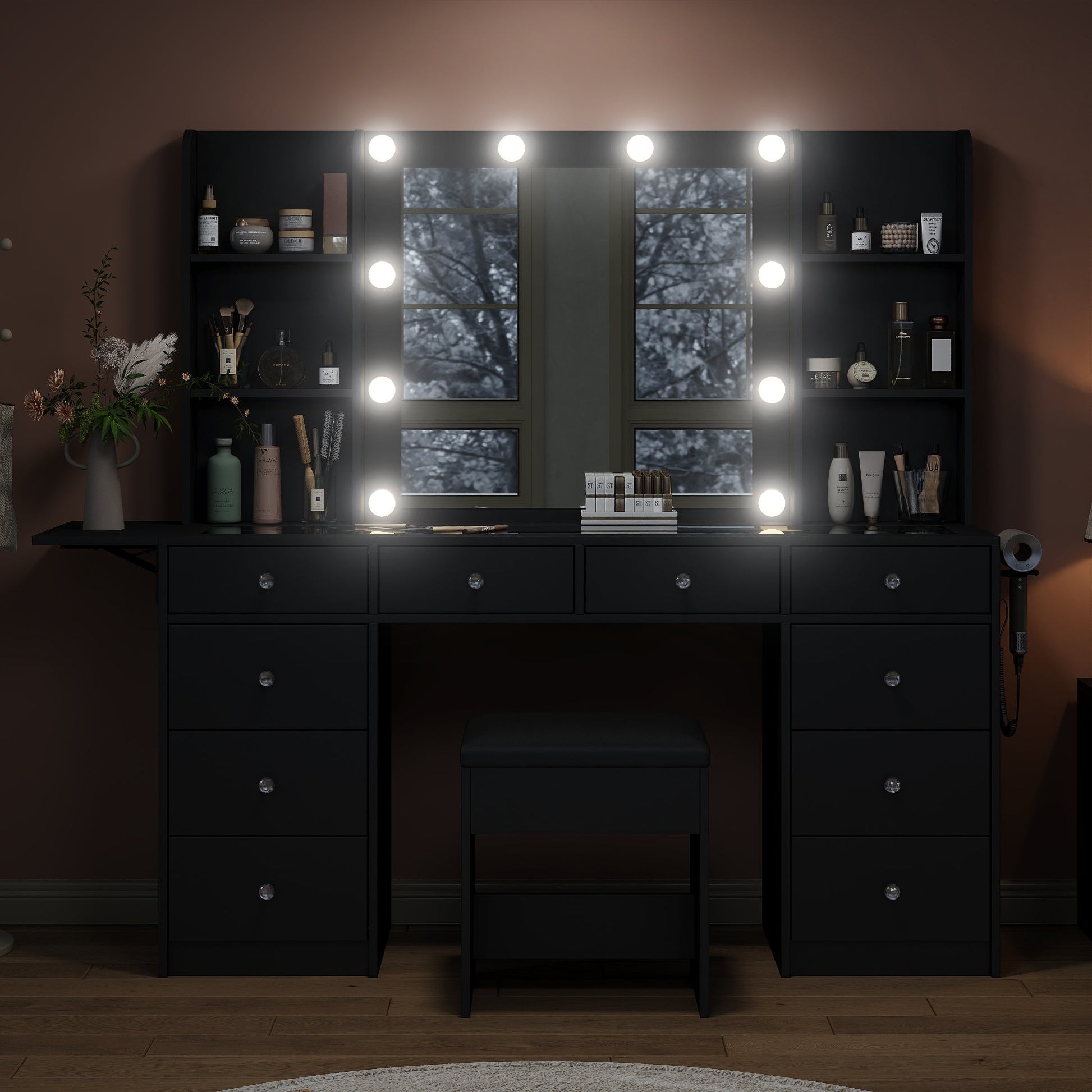 Yanosaku VD011 Bedroom Makeup Vanity desk with LED Mirror, 11 Drawers - Yanosaku SotreFurnitureVD011 - BL