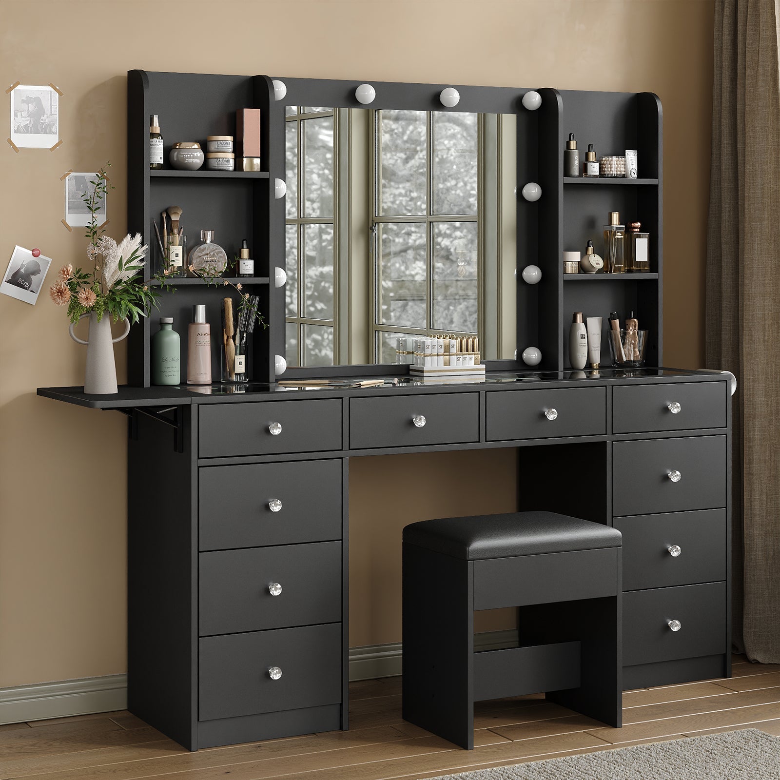Yanosaku VD011 Bedroom Makeup Vanity desk with LED Mirror, 11 Drawers - Yanosaku SotreFurnitureVD011 - BL
