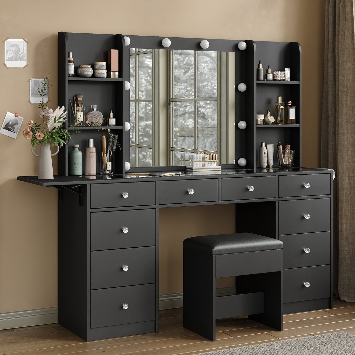 Yanosaku VD011 Bedroom Makeup Vanity desk with LED Mirror, 11 Drawers - Yanosaku SotreFurnitureVD011 - BL