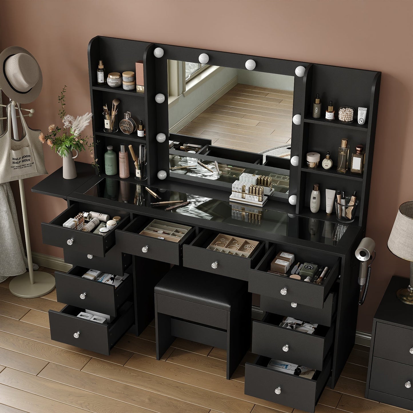 Yanosaku VD011 Bedroom Makeup Vanity desk with LED Mirror, 11 Drawers - Yanosaku SotreFurnitureVD011 - BL