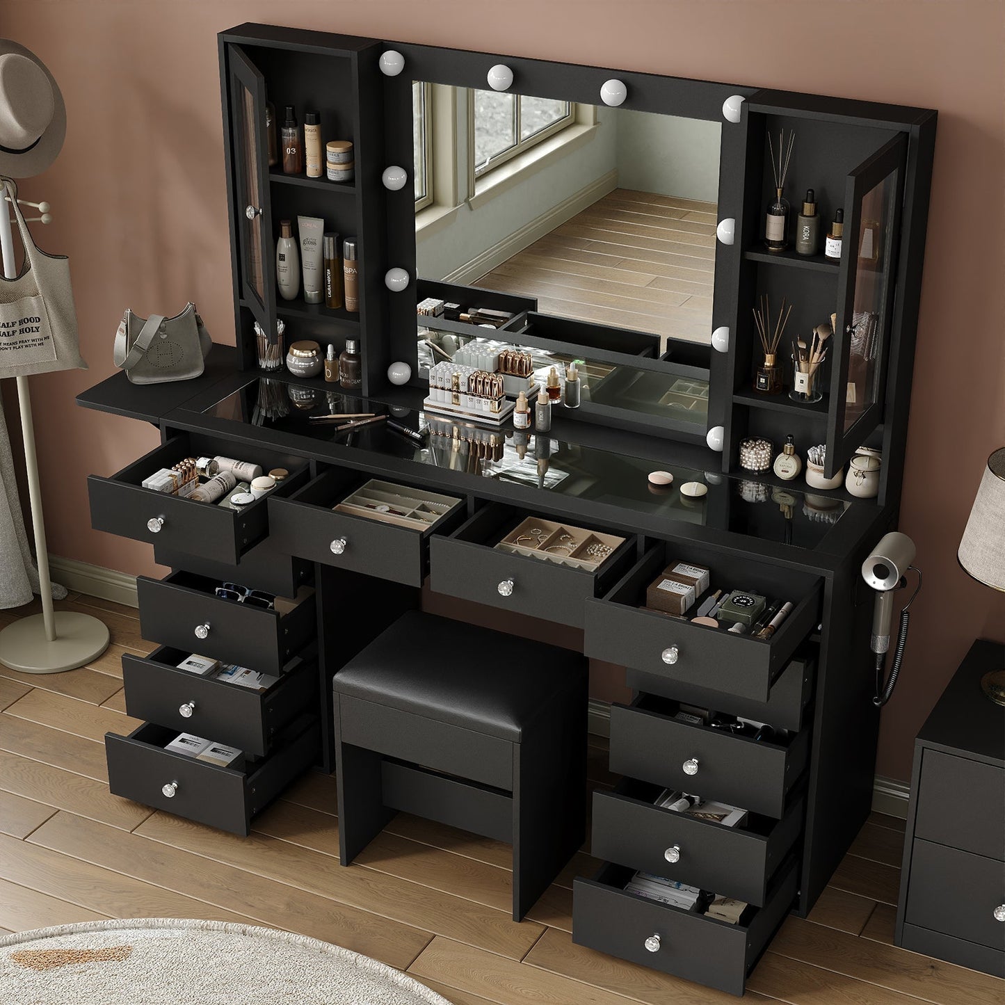 Yanosaku VD012 Bedroom Makeup Vanity desk with LED Mirror, 12 Drawers - Yanosaku SotreFurnitureVD012 - BL