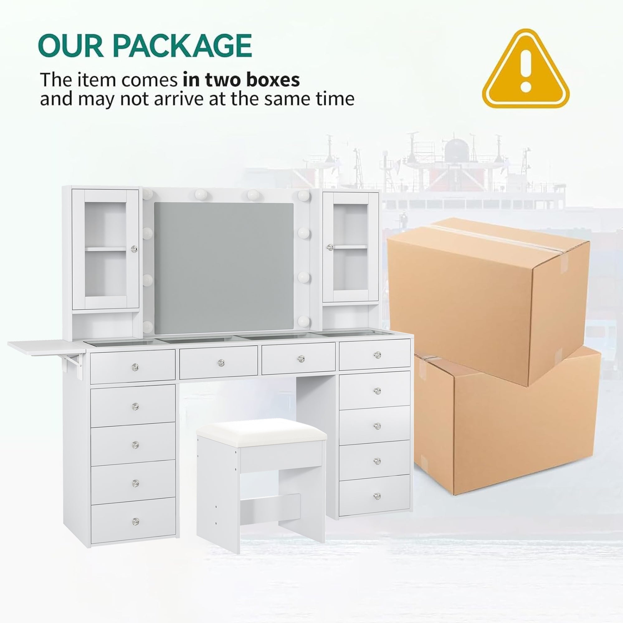 Yanosaku VD012 Modern White Makeup Vanity Set Table with Stool & LED Mirror 12 Drawers Luxury - Yanosaku SotreFurnitureVD012