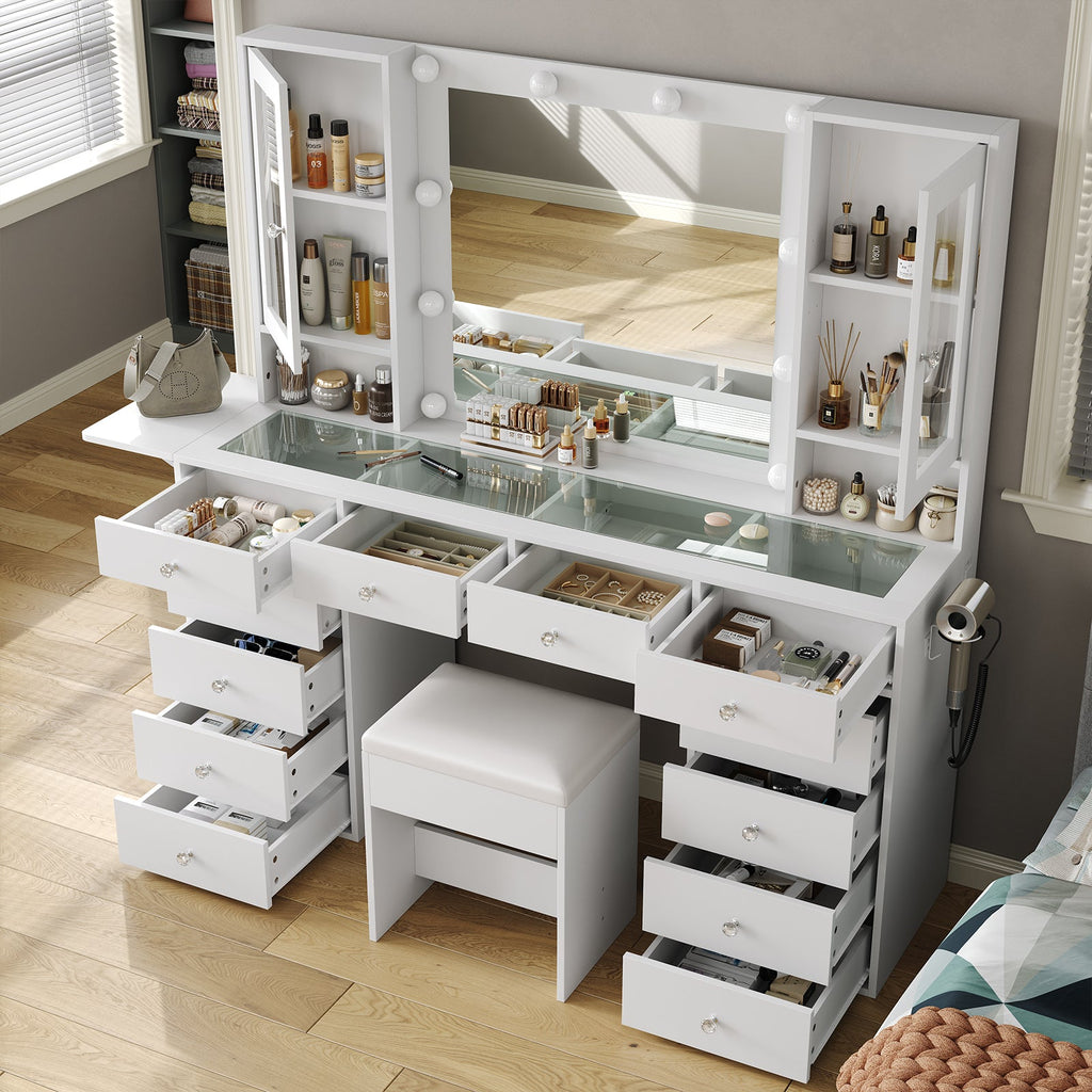 Yanosaku VD012 Modern White Makeup Vanity Set Table with Stool & LED Mirror 12 Drawers Luxury - Yanosaku SotreFurnitureVD012