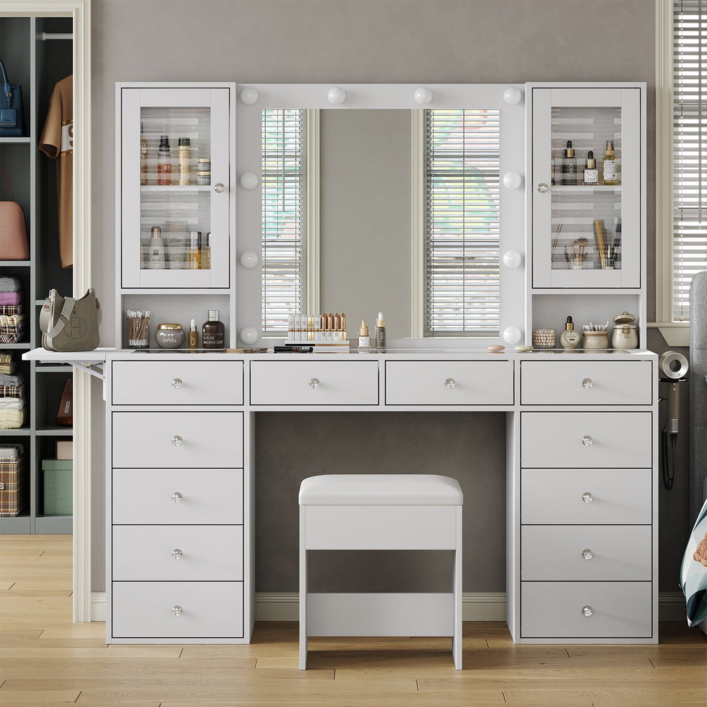 Yanosaku VD012 Modern White Makeup Vanity Set Table with Stool & LED Mirror 12 Drawers Luxury - Yanosaku SotreFurnitureVD012