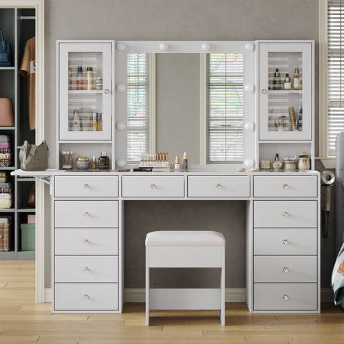 Yanosaku VD012 Modern White Makeup Vanity Set Table with Stool & LED Mirror 12 Drawers Luxury - Yanosaku SotreFurnitureVD012