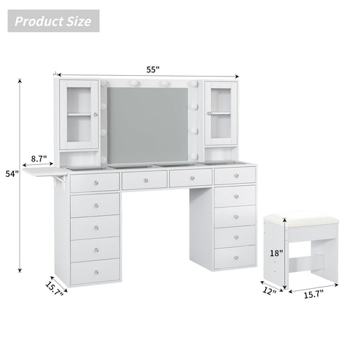 Yanosaku VD012 Modern White Makeup Vanity Set Table with Stool & LED Mirror 12 Drawers Luxury - Yanosaku SotreFurnitureVD012