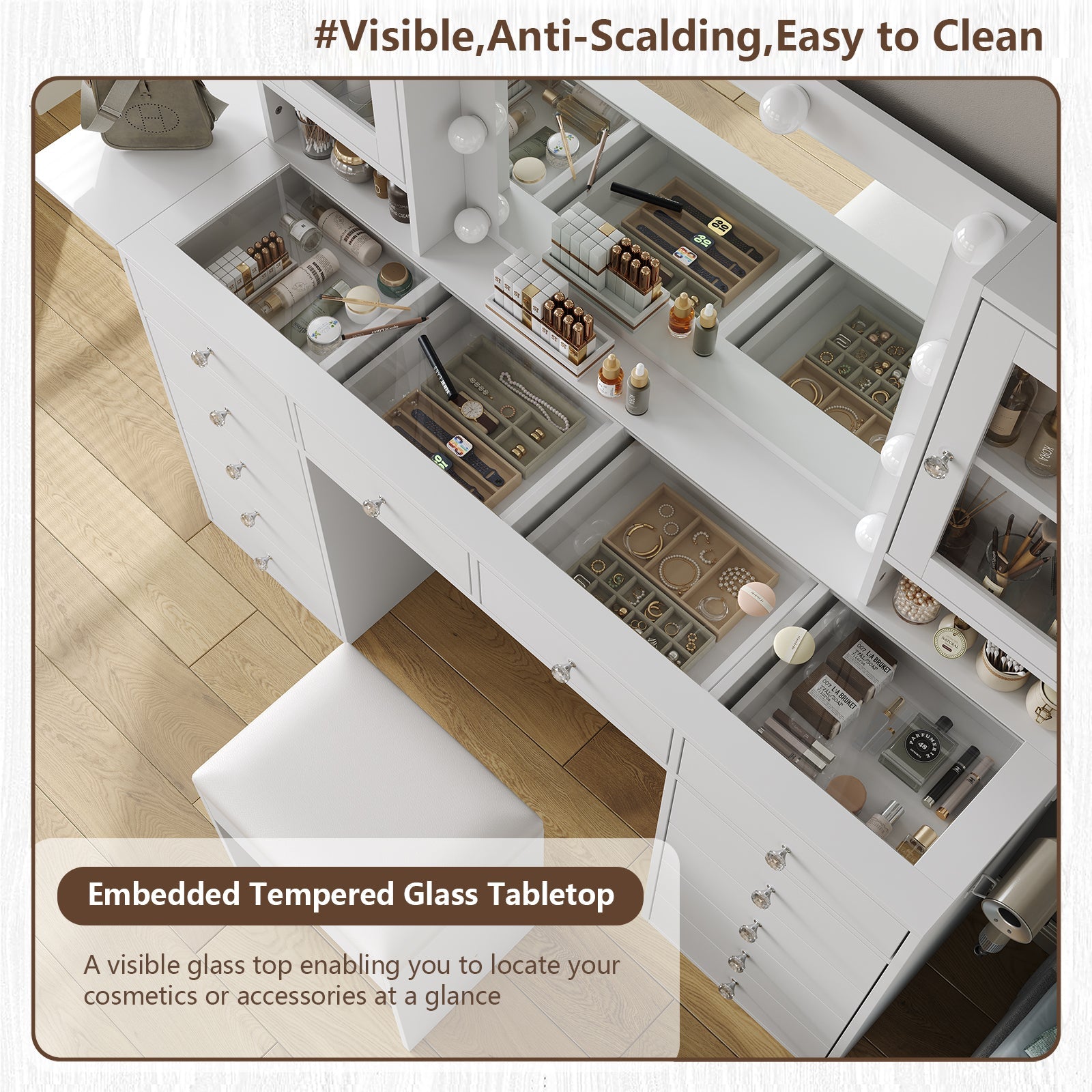 Yanosaku VD012 Modern White Makeup Vanity Set Table with Stool & LED Mirror 12 Drawers Luxury - Yanosaku SotreFurnitureVD012