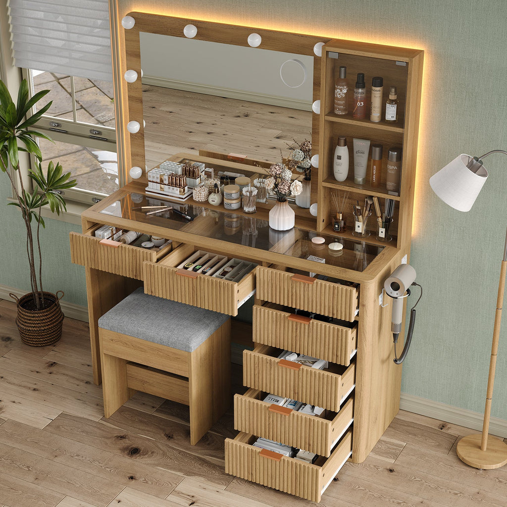 Yanosaku VD013 Modern White Makeup Vanity Set Table with Stool & LED Mirror 7 Drawers Luxury - Yanosaku SotreFurnitureVD013