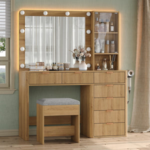Yanosaku VD013 Modern White Makeup Vanity Set Table with Stool & LED Mirror 7 Drawers Luxury - Yanosaku SotreFurnitureVD013