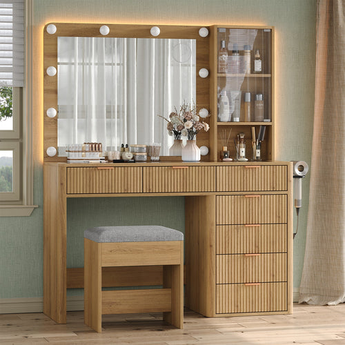 Yanosaku VD013 Modern White Makeup Vanity Set Table with Stool & LED Mirror 7 Drawers Luxury - Yanosaku SotreFurnitureVD013