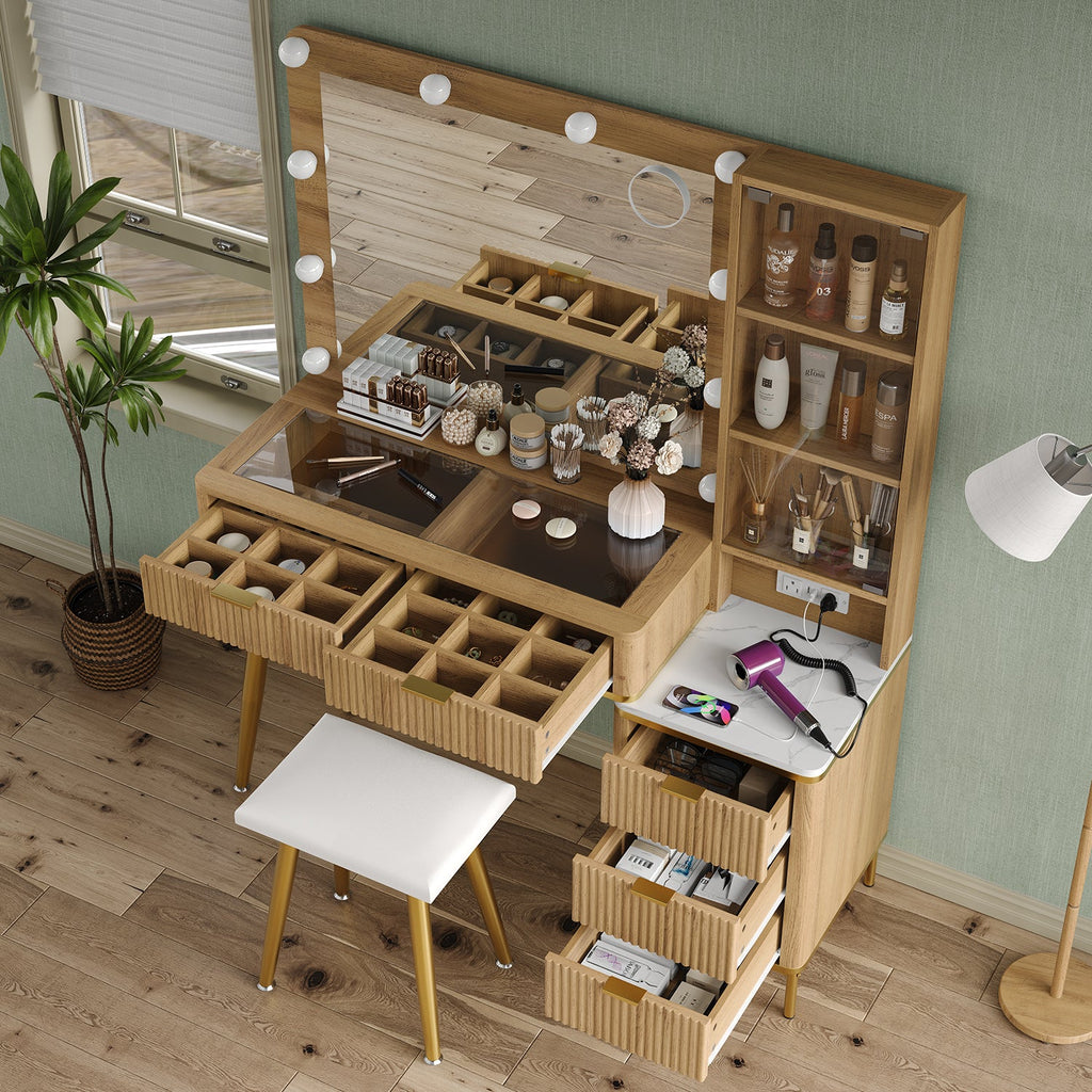 Yanosaku VD014 Modern White Makeup Vanity Set Table with Stool & LED Mirror 5 Drawers Luxury - Yanosaku SotreFurnitureVD014