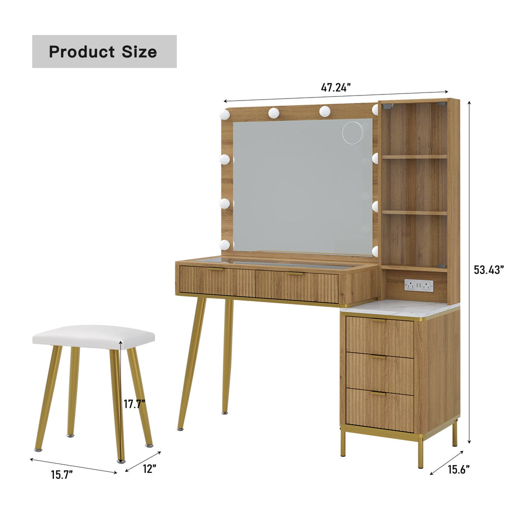 Yanosaku VD014 Modern White Makeup Vanity Set Table with Stool & LED Mirror 5 Drawers Luxury - Yanosaku SotreFurnitureVD014