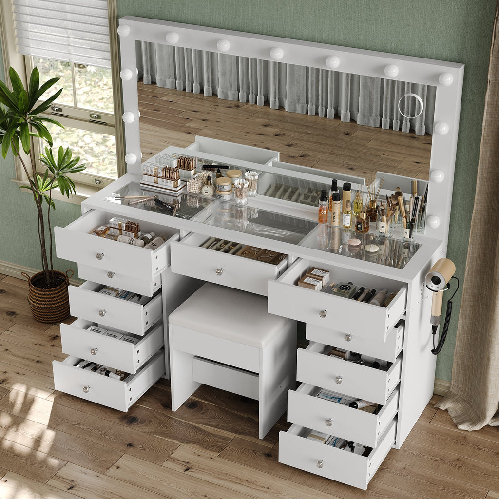 Yanosaku VD015 55''W White Vanity Set, LED Mirror, 11 Drawers - Yanosaku SotreFurnitureVD015 - WH