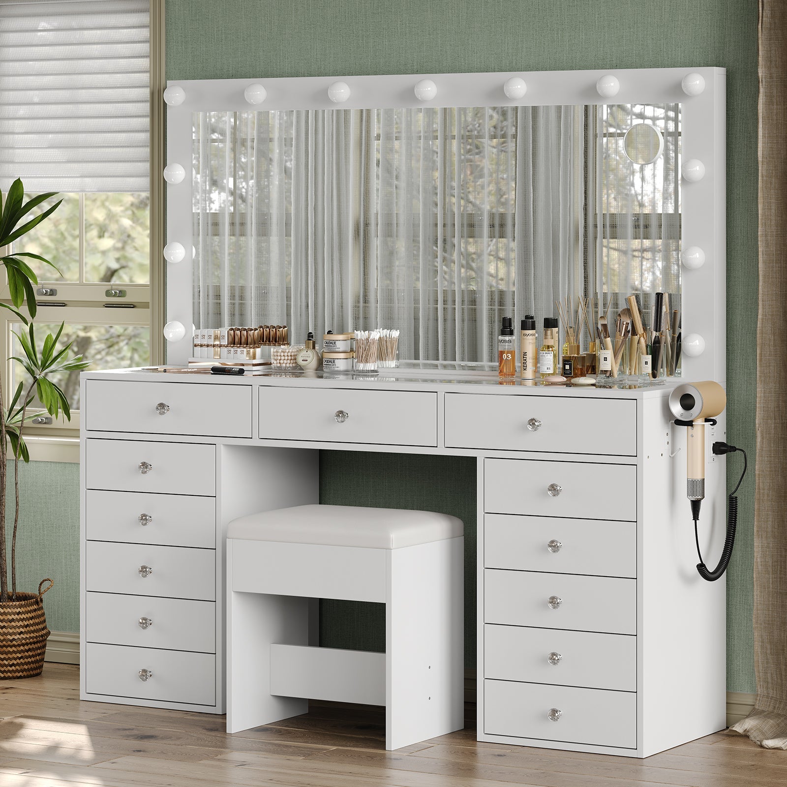 Yanosaku VD016 55''W White Vanity Set, LED Mirror, 13 Drawers - Yanosaku SotreFurnitureVD016 - WH