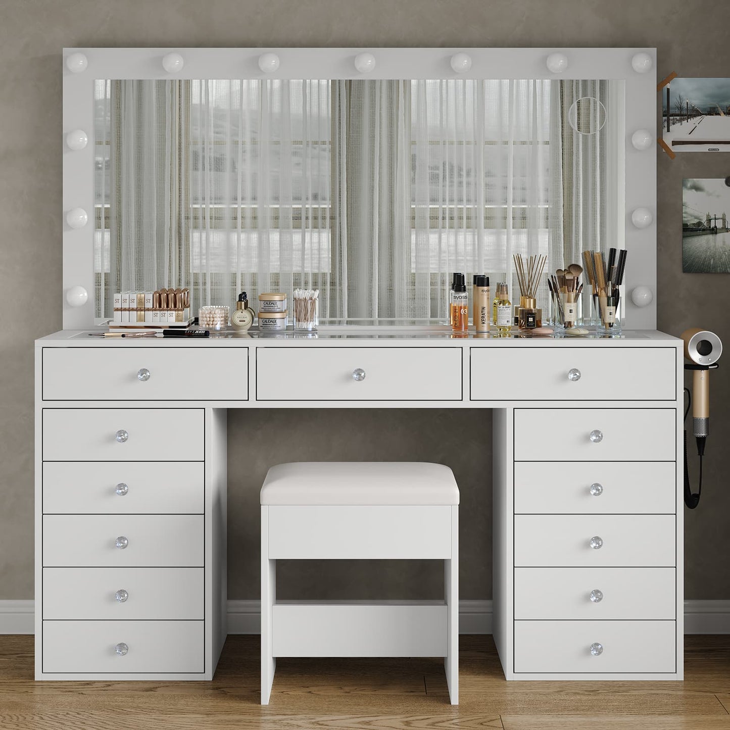 Yanosaku VD016 Bedroom Makeup Vanity desk with LED Mirror, 13 Drawers - Yanosaku SotreFurnitureVD016 - WH