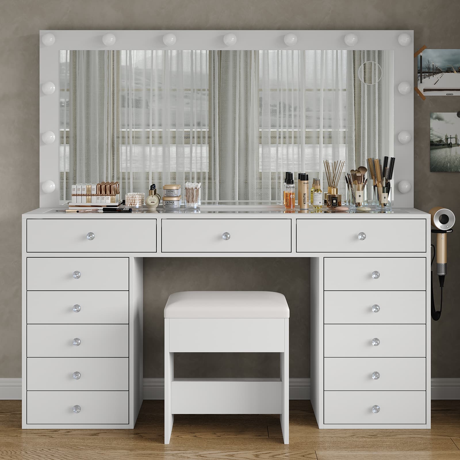 55" White Makeup Vanity Set with LED Mirror & 11 Drawers | Yanosaku 55" White Makeup Vanity Set with LED Mirror & 11 Drawers | Yanosaku