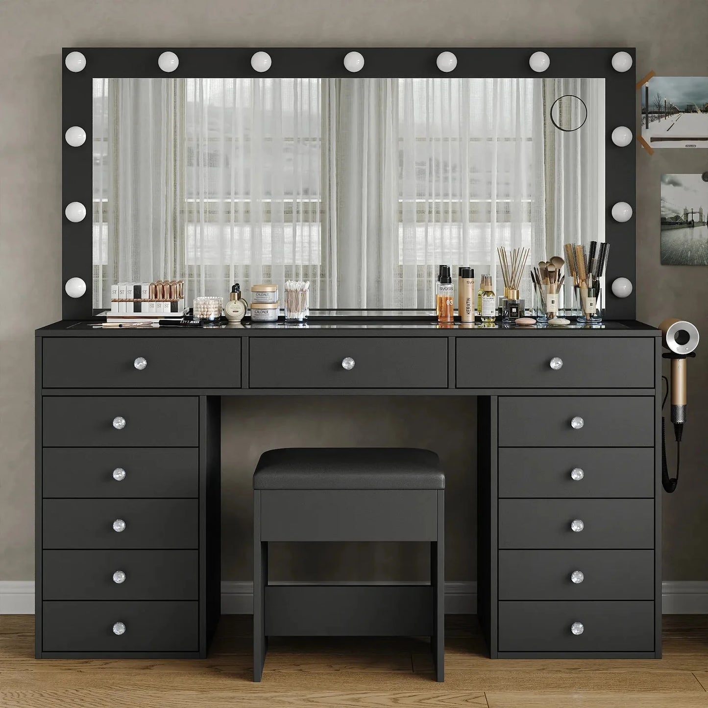 Yanosaku VD016 Bedroom Makeup Vanity desk with LED Mirror, 13 Drawers - Yanosaku SotreFurnitureVD016 - BK