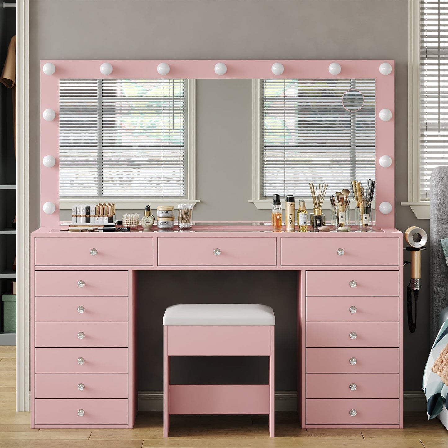 Yanosaku VD017 Bedroom Makeup Vanity desk with LED Mirror, 15 Drawers - Yanosaku SotreFurnitureVD017 - PK