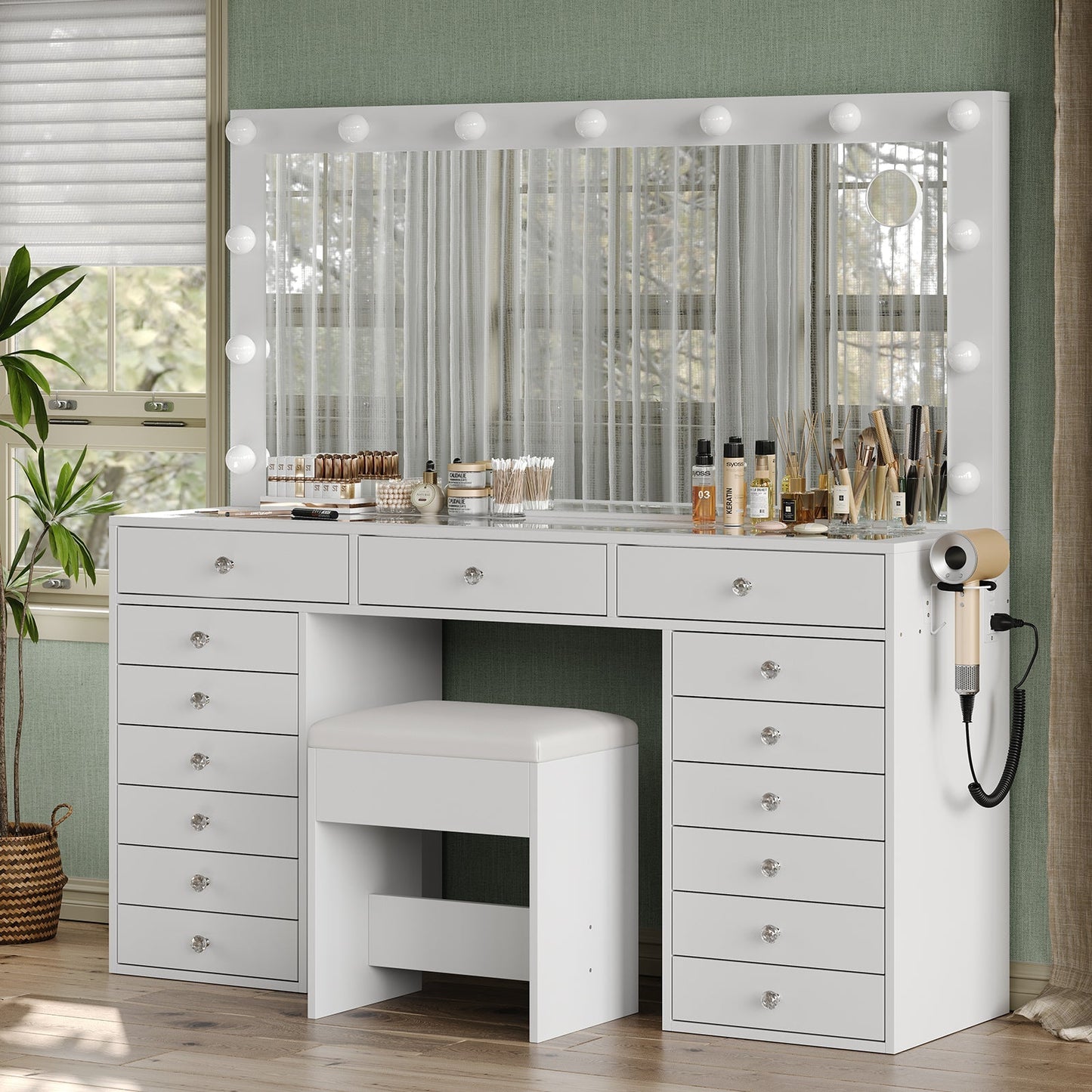 Yanosaku VD017 White Vanity Set, LED Mirror, 15 Drawers - Yanosaku SotreFurnitureVD017