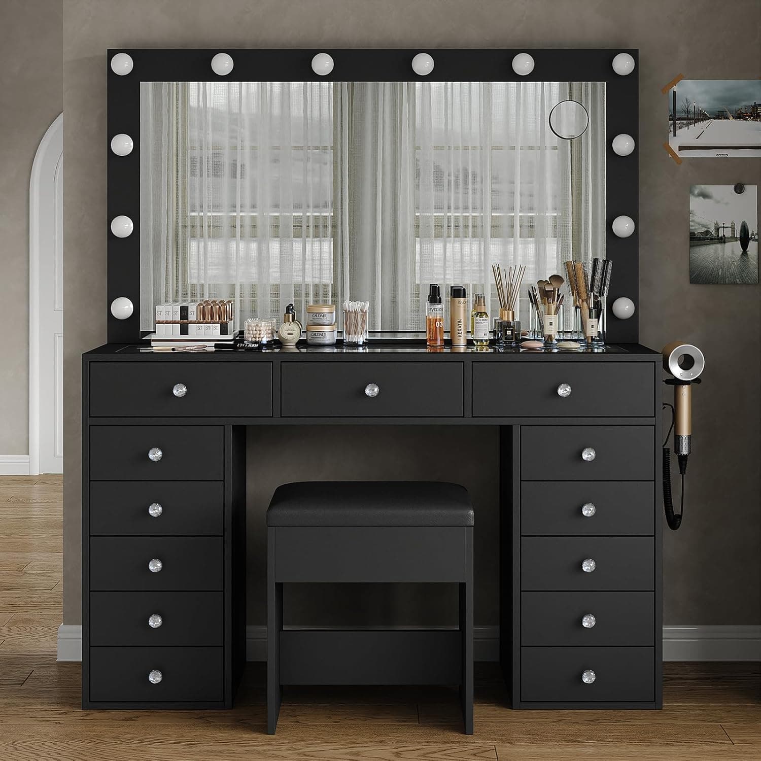 Yanosaku VD018 Bedroom Makeup Vanity desk with LED Mirror, 13 Drawers - Yanosaku SotreFurnitureVD018 - BL