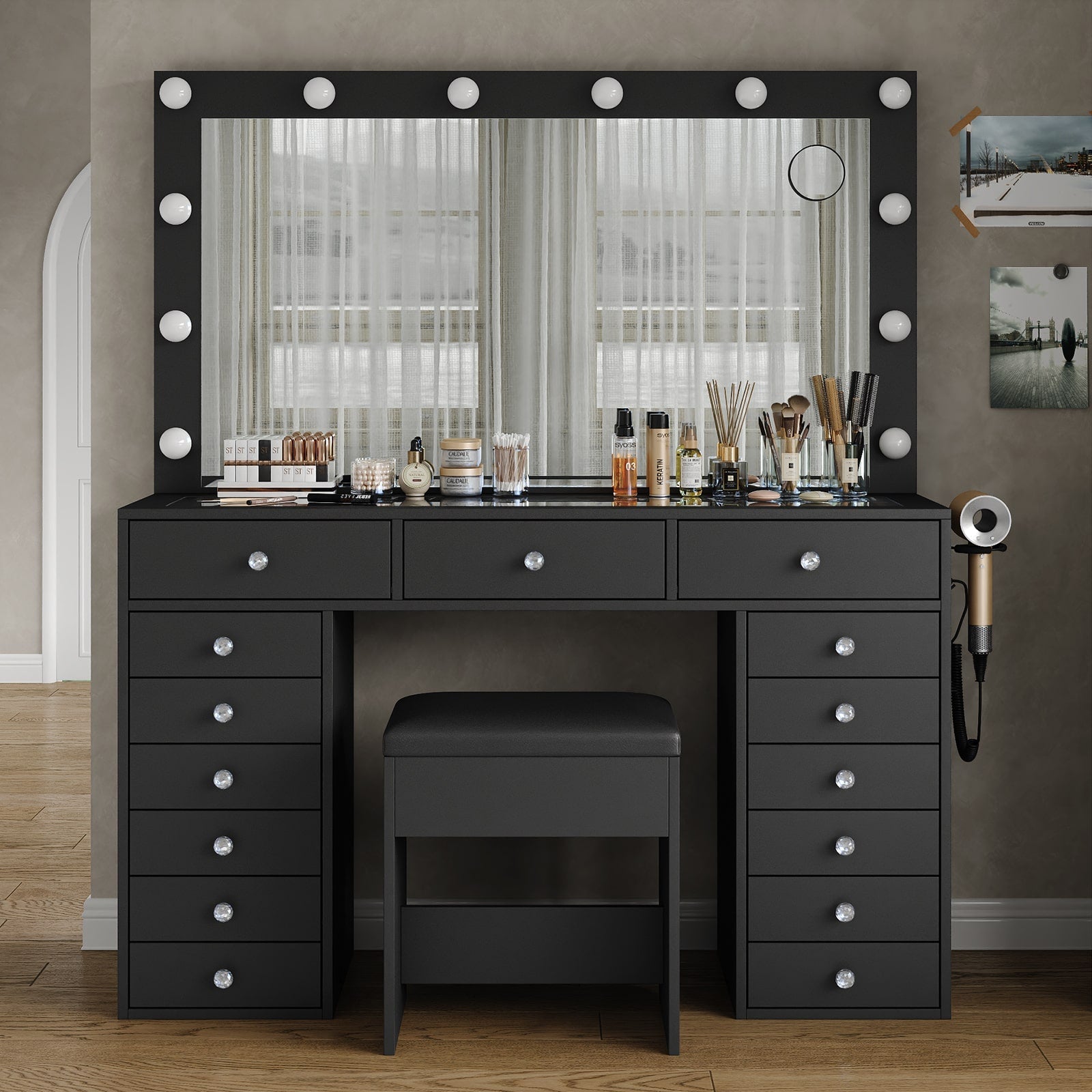 Yanosaku VD019 Bedroom Makeup Vanity desk with LED Mirror, 15 Drawers - Yanosaku SotreFurnitureVD019 - BL