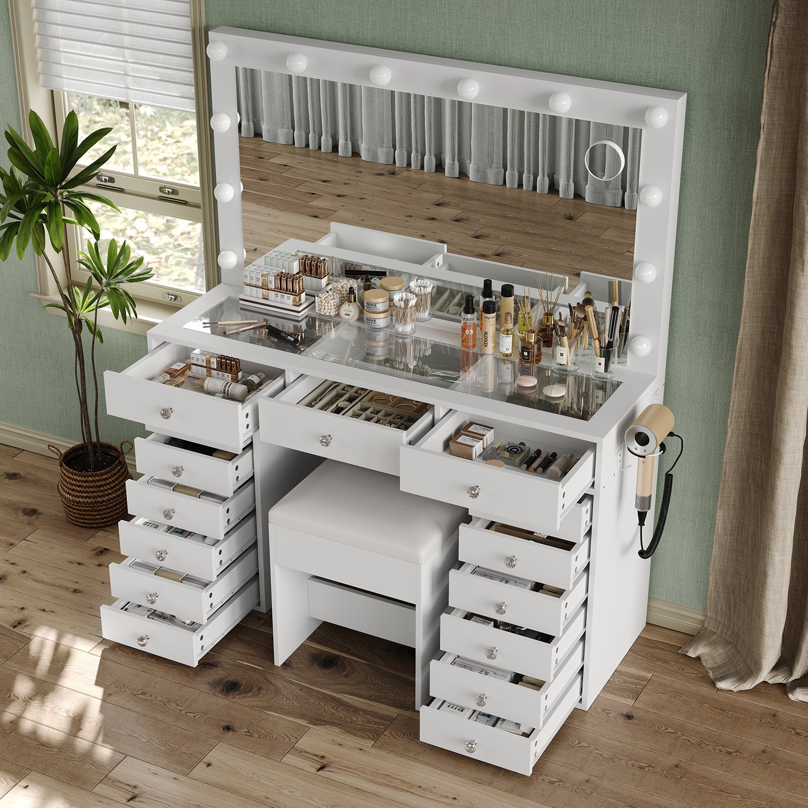 Yanosaku VD019 Modern White Vanity Set, LED Mirror, 15 Drawers - Yanosaku SotreFurnitureVD019 - WH