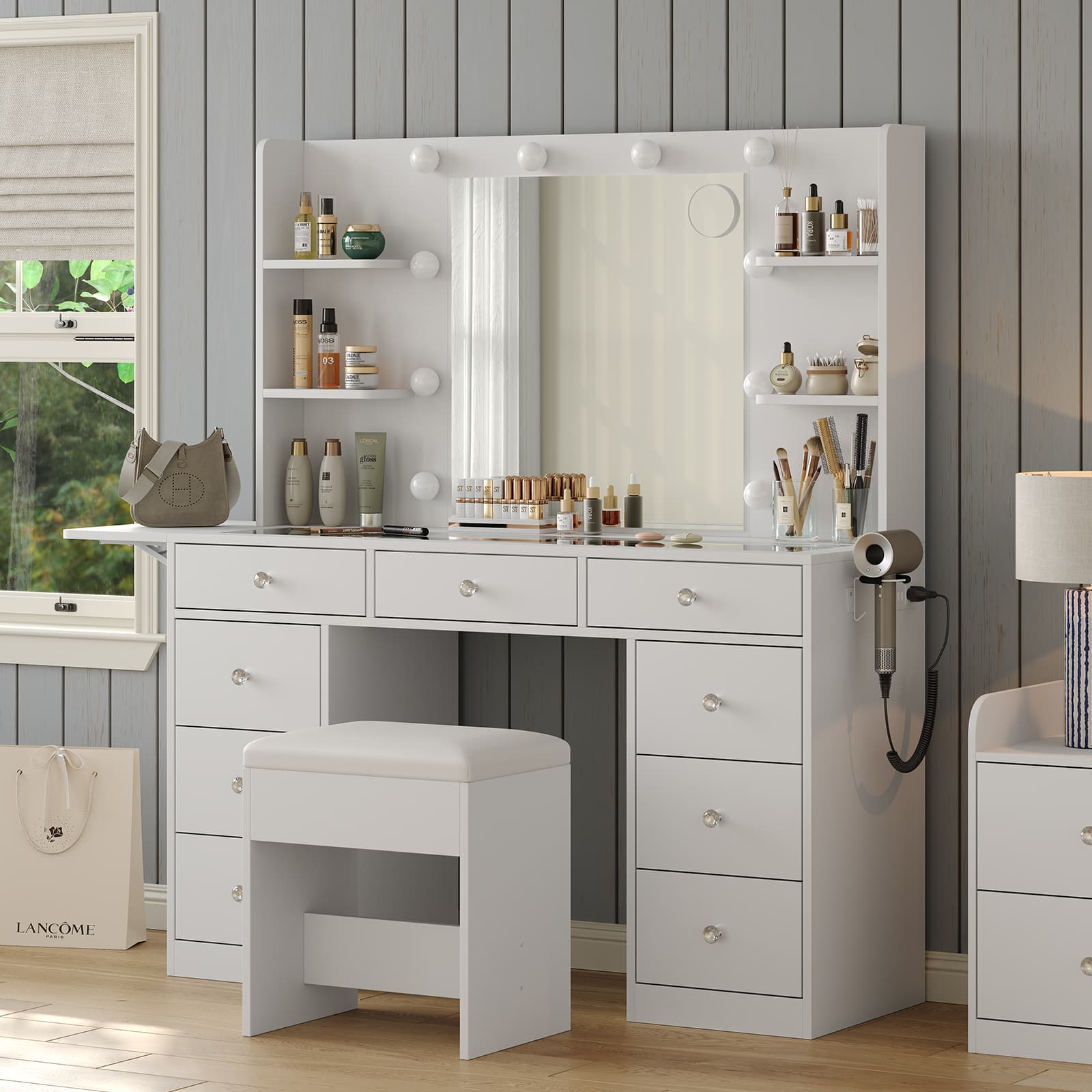 Yanosaku VD020 Vanity Desk with Power Outlet, Mirror, 10 LED Lights - Yanosaku SotreFurnitureVD020