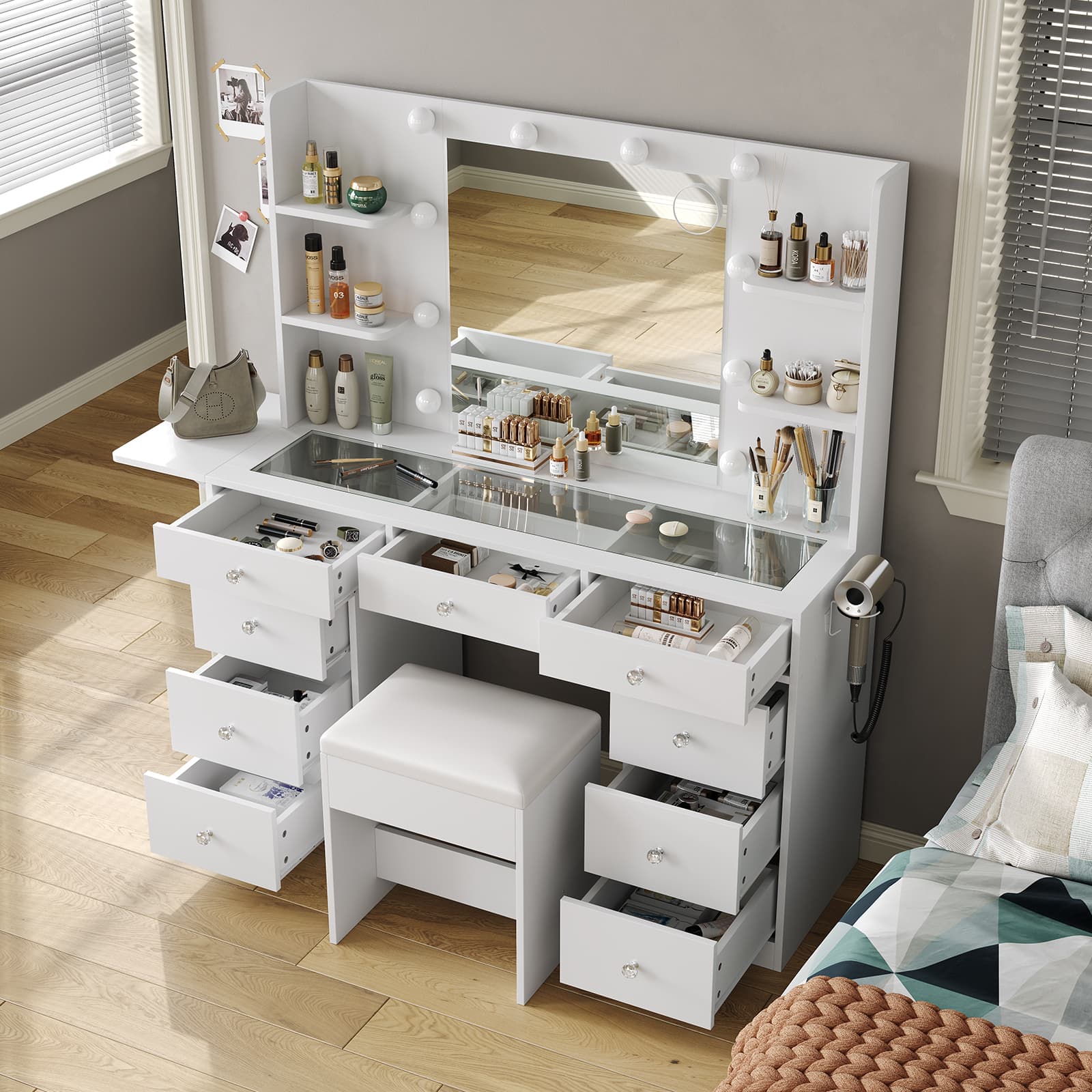 Yanosaku VD020 Vanity Desk with Power Outlet, Mirror, 10 LED Lights - Yanosaku SotreFurnitureVD020