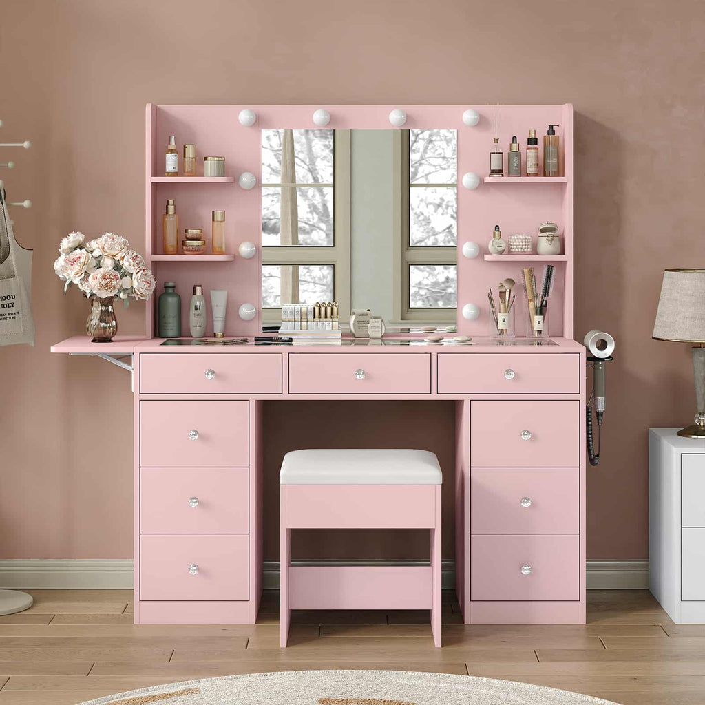 Yanosaku VD020 Vanity Desk with Power Outlet, Mirror, 10 LED Lights - Yanosaku SotreFurnitureVD020 - pk