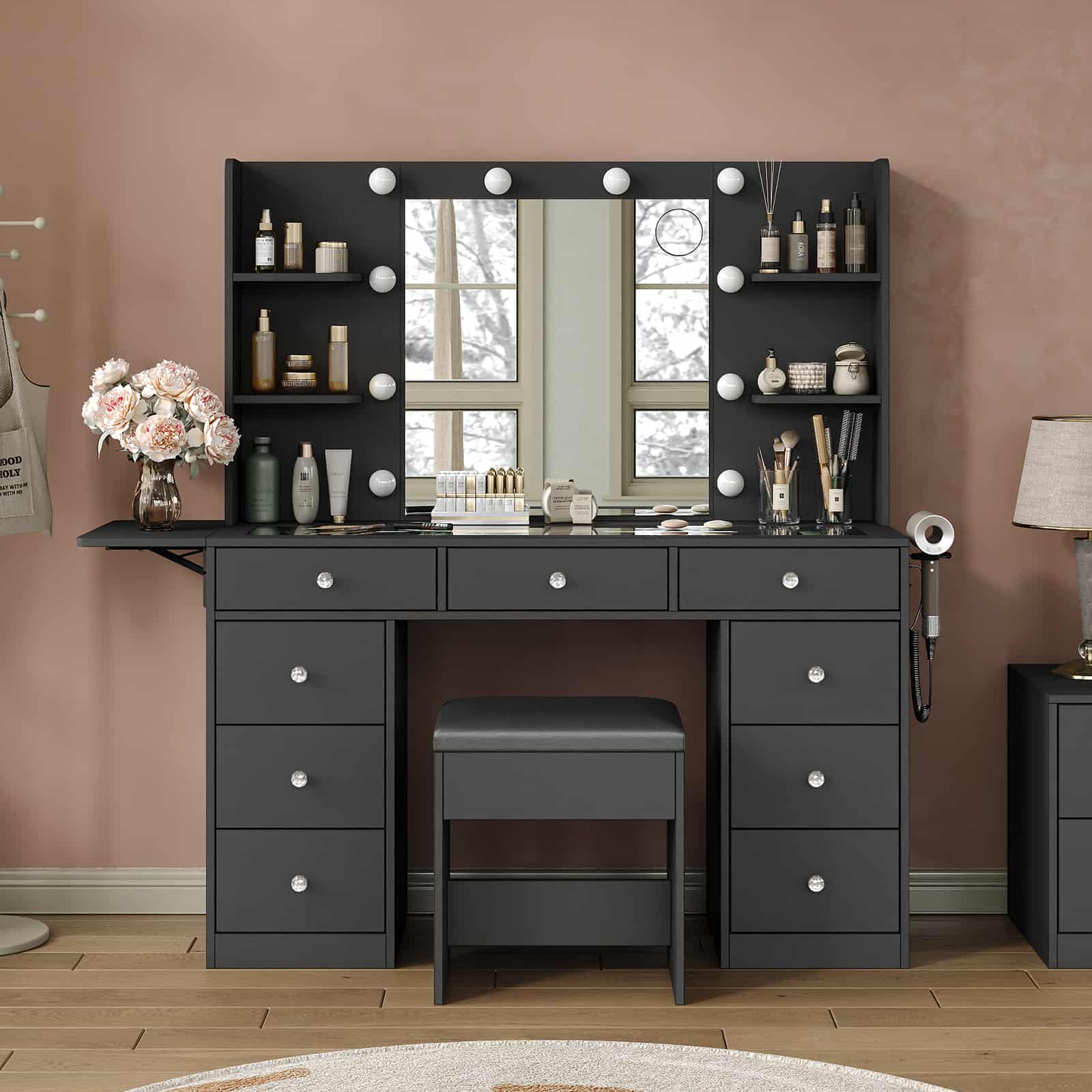 Yanosaku VD020 Vanity Desk with Power Outlet, Mirror, 10 LED Lights - Yanosaku SotreFurnitureVD020 - bl