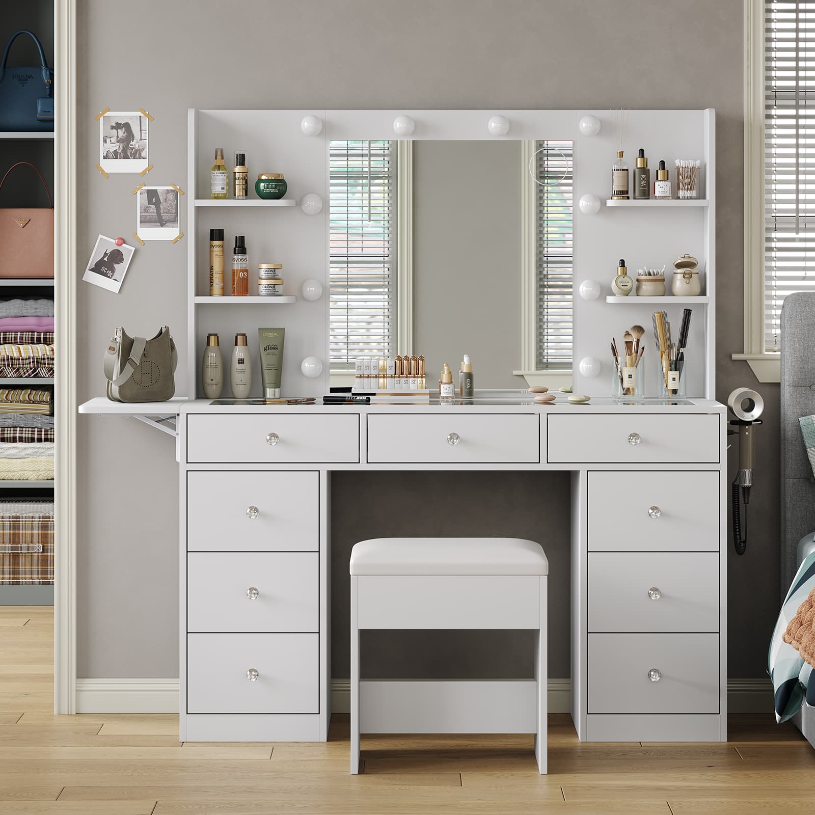 Yanosaku VD020 Vanity Desk with Power Outlet, Mirror, 10 LED Lights - Yanosaku SotreFurnitureVD020